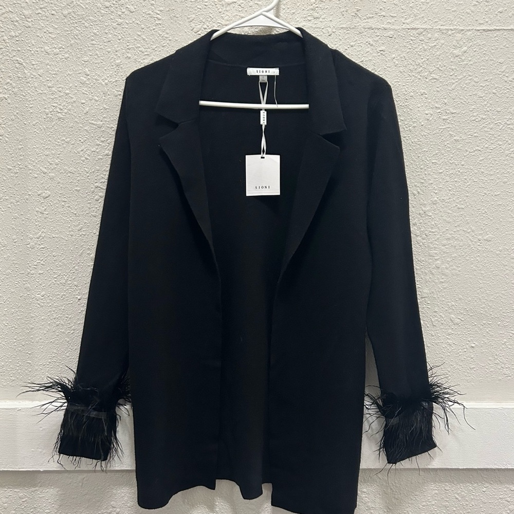 Sioni Black Collared Feathered Sleeve Cardigan Sweater NWT Small